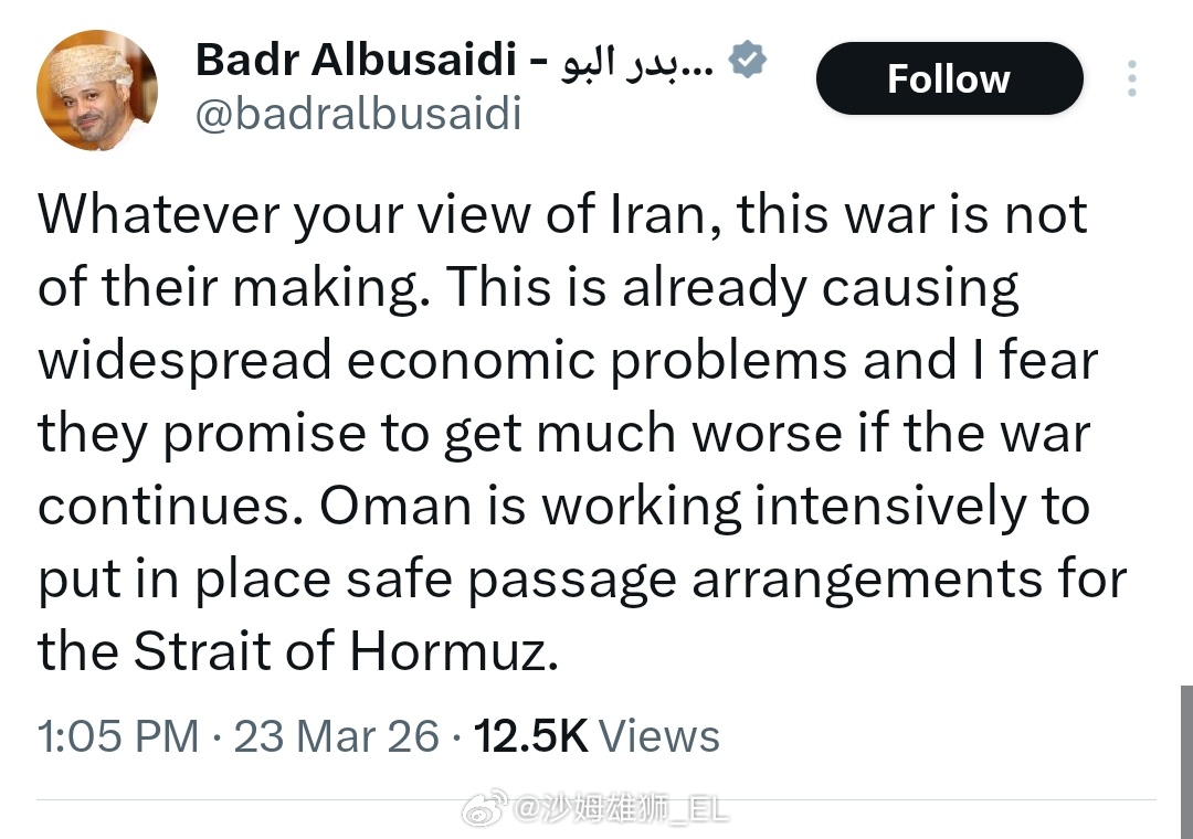 阿曼外长巴德尔·阿尔布赛迪表示，阿曼国正积极制定各项安排确保霍尔木兹海峡的通行安