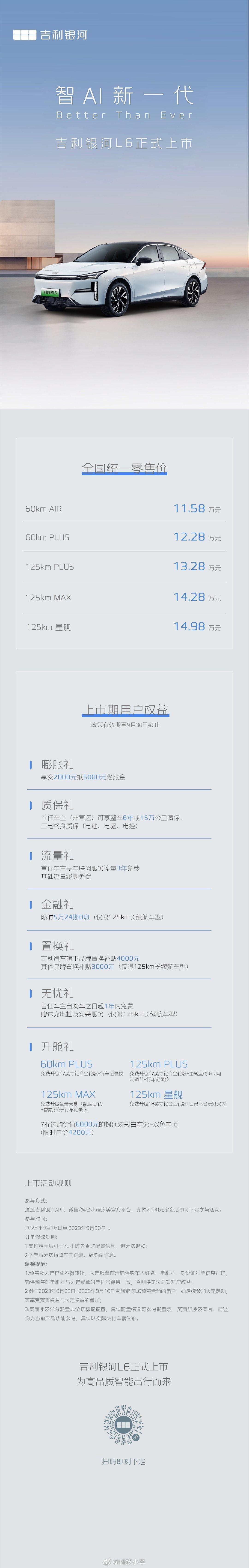 #吉利银河L6正式上市#
这价格很强啊，11.58万元起，顶配14.98万元。
