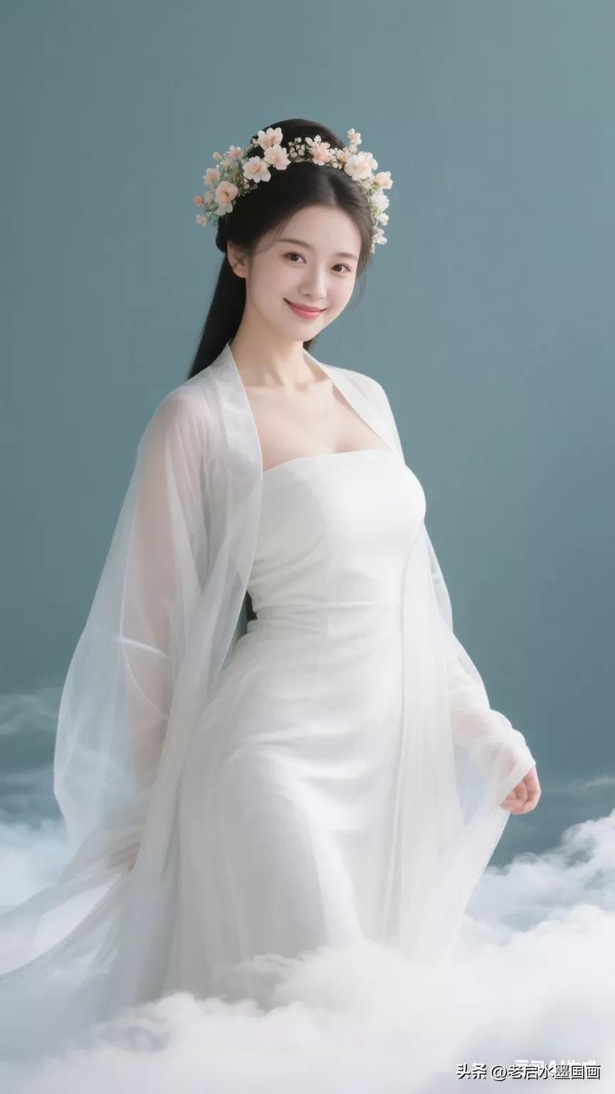 梦幻仙境中的仙女，花环点缀，轻盈飘逸，宛如天上的仙女下凡。张立启原创书画AI作品