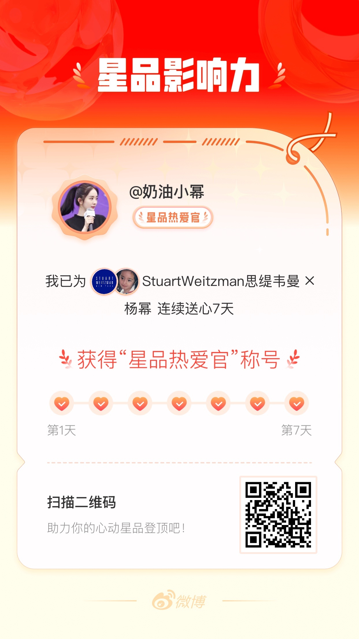 我在星品影响力上为 X 连续送心7天，获得“星品热爱官”称号！快来一起pick你