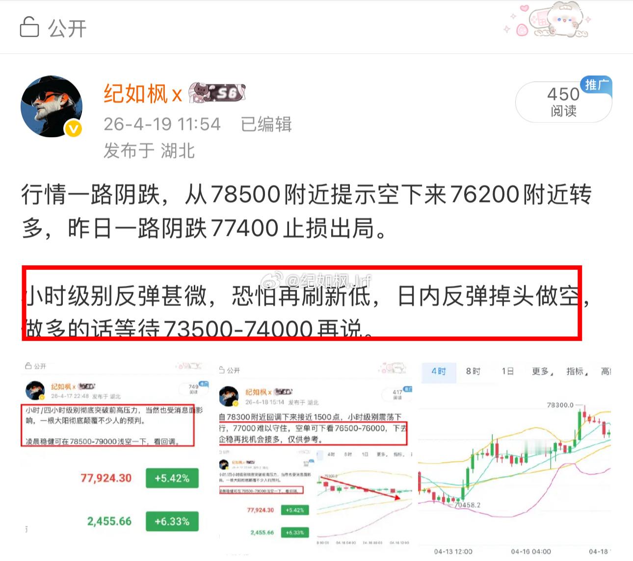 今天再刷新低74800，即便没敢空进去也无所谓，等待稳健做多位置74000附近，