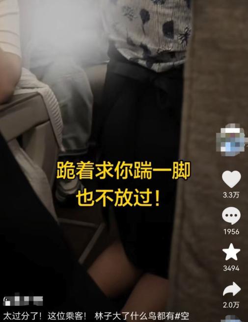 空姐被逼的下跪道歉了，对方还说踢一脚都不够。
28号的事情，一个空姐推着餐车给大