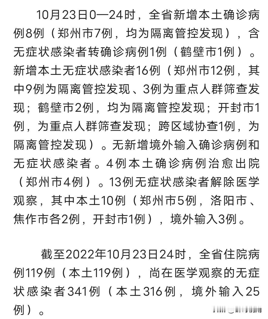 河南最新疫情情况，新增8+16例，分布在郑州，鹤壁，开封，
10月23日0—24
