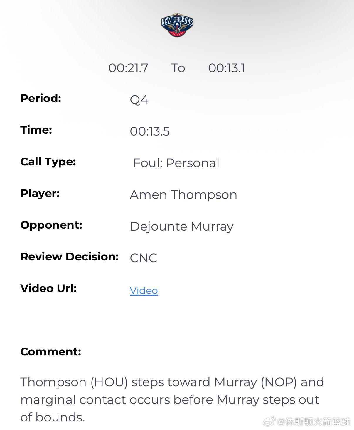 NBA官方发布了昨日火箭对阵鹈鹕比赛的最后两分钟裁判报告：▪️比赛还剩13.5秒