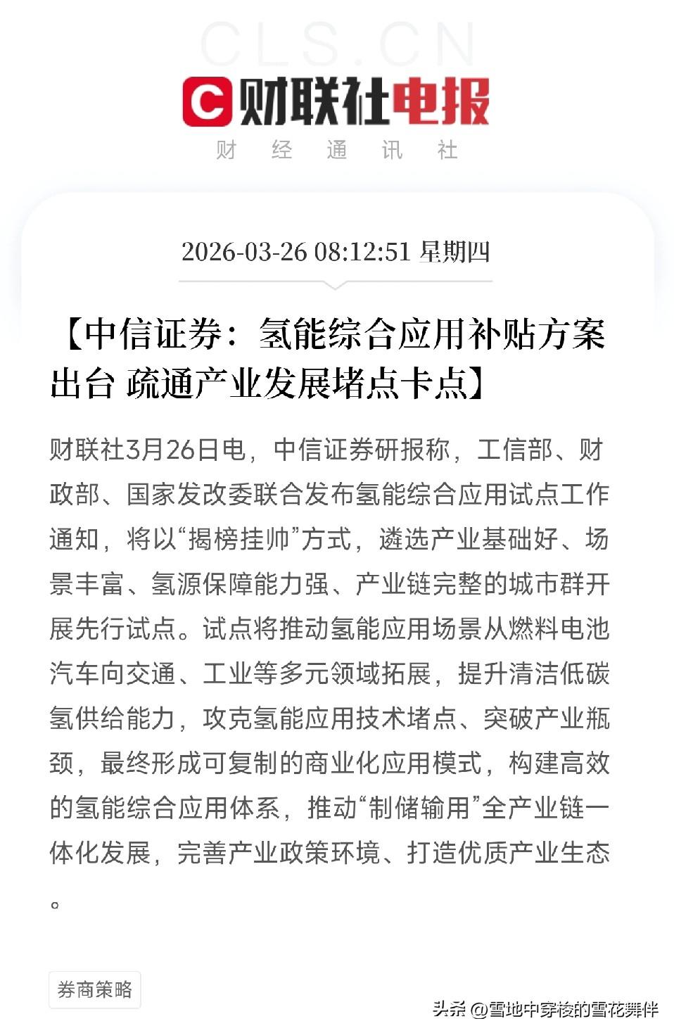 中信证券重磅研报！
三部门联合发文，氢能国补来了：从车到工业，全产业链疏通堵点，