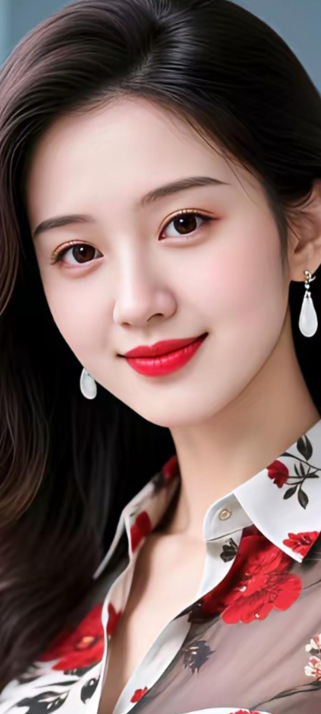 温柔甜美的红唇女孩，花衬衫搭配珍珠耳环，优雅迷人。