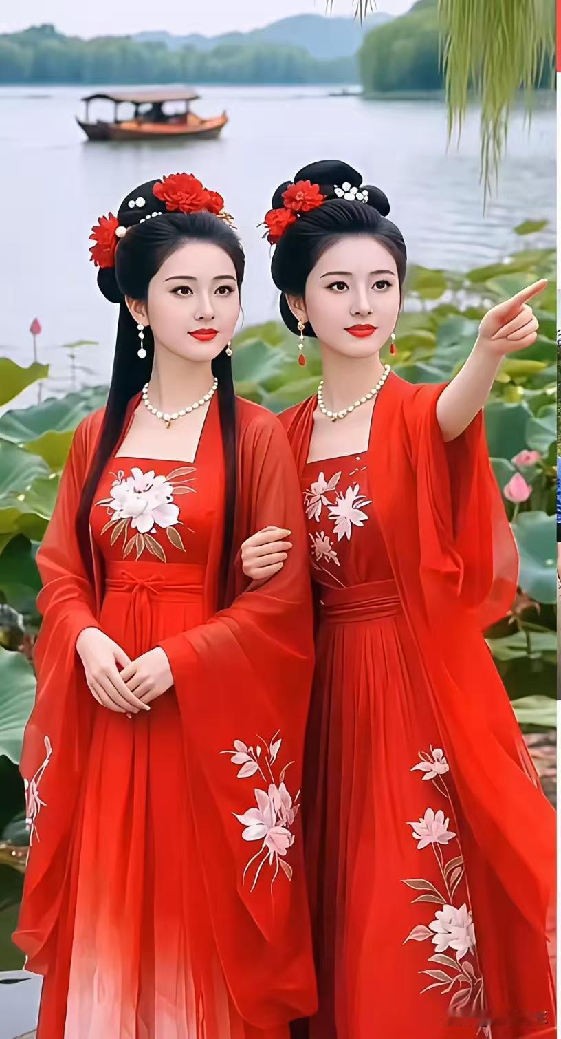 捣练子·塘畔双娇
芳面立，浅塘旁，
碧叶凌波映艳妆。
并蒂风姿清俏绝，
双姝秀色