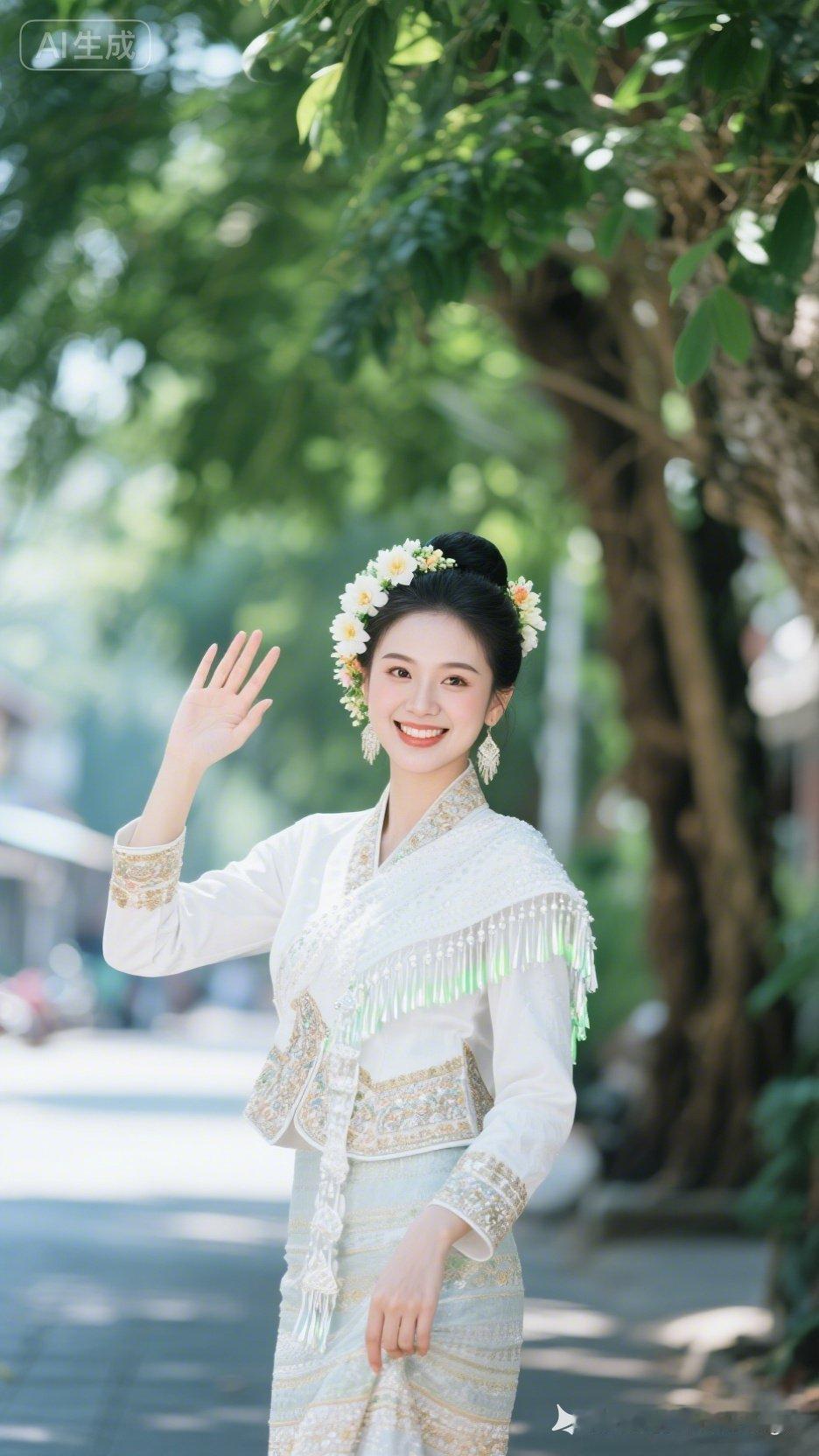 清丽佳人温婉动人，造型精致发型雅致，身着荧光质感繁复傣族华服，流苏配饰璀璨华丽。