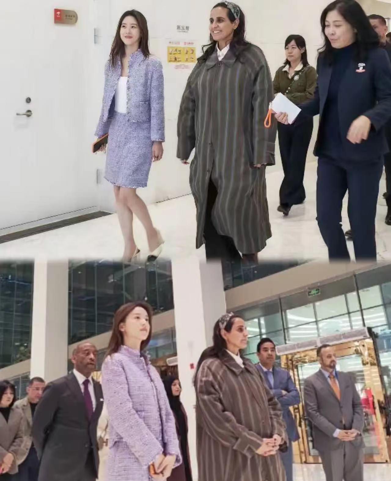 章泽天超级厉害，把卡塔尔公主玛雅莎请到了京东总部。
章泽天一身紫色香奈儿套装非常