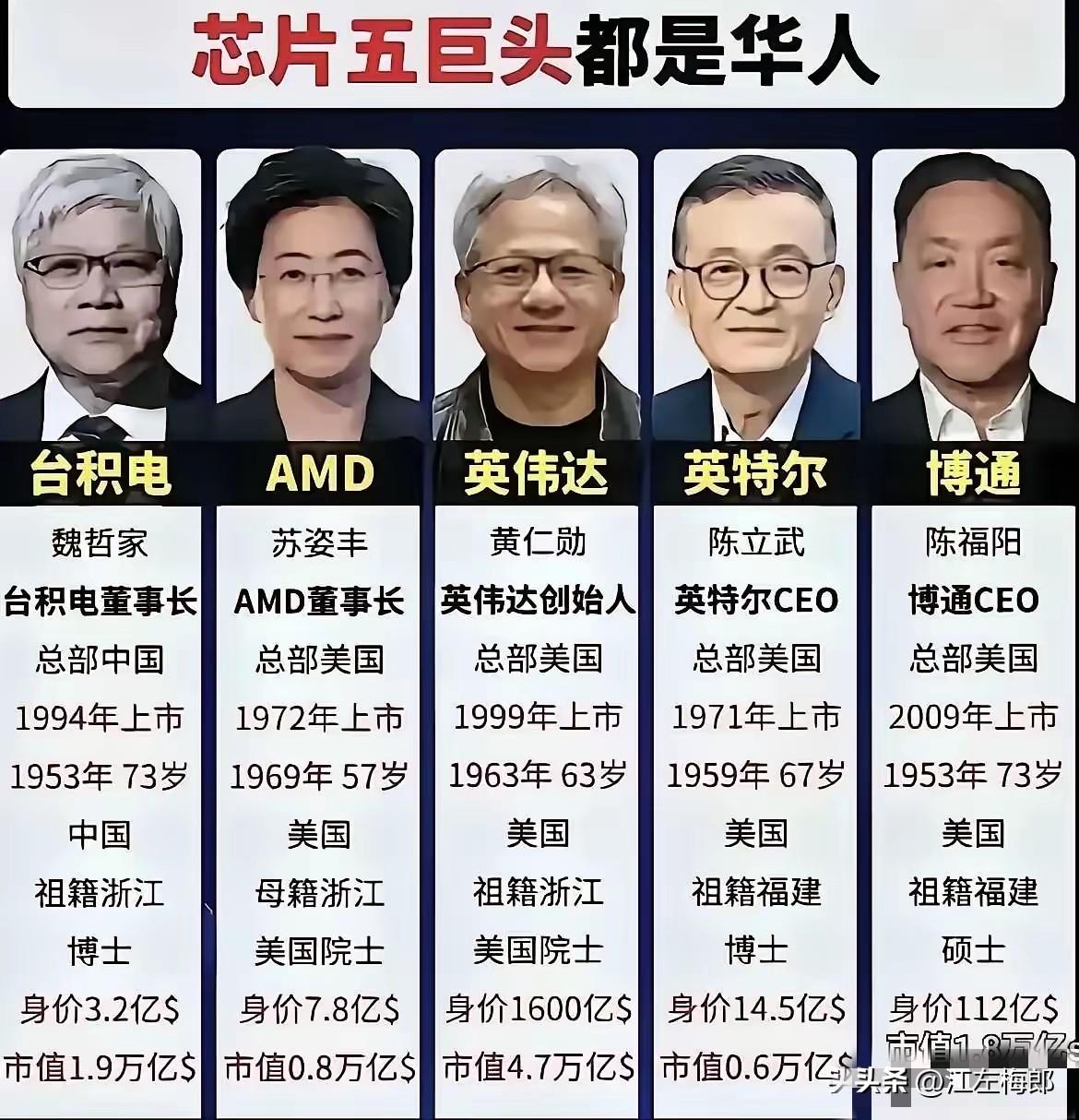 看看吧！芯片五巨头，学会英语全跑外国去了。还说学英语好吗？只会加速高科技人才流失