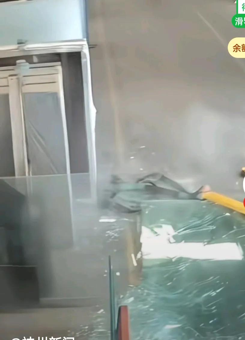 运输玻璃进来时，突然掉在地上，一旁扶着玻璃的男子撒腿就跑，网友说，这才是机灵员工