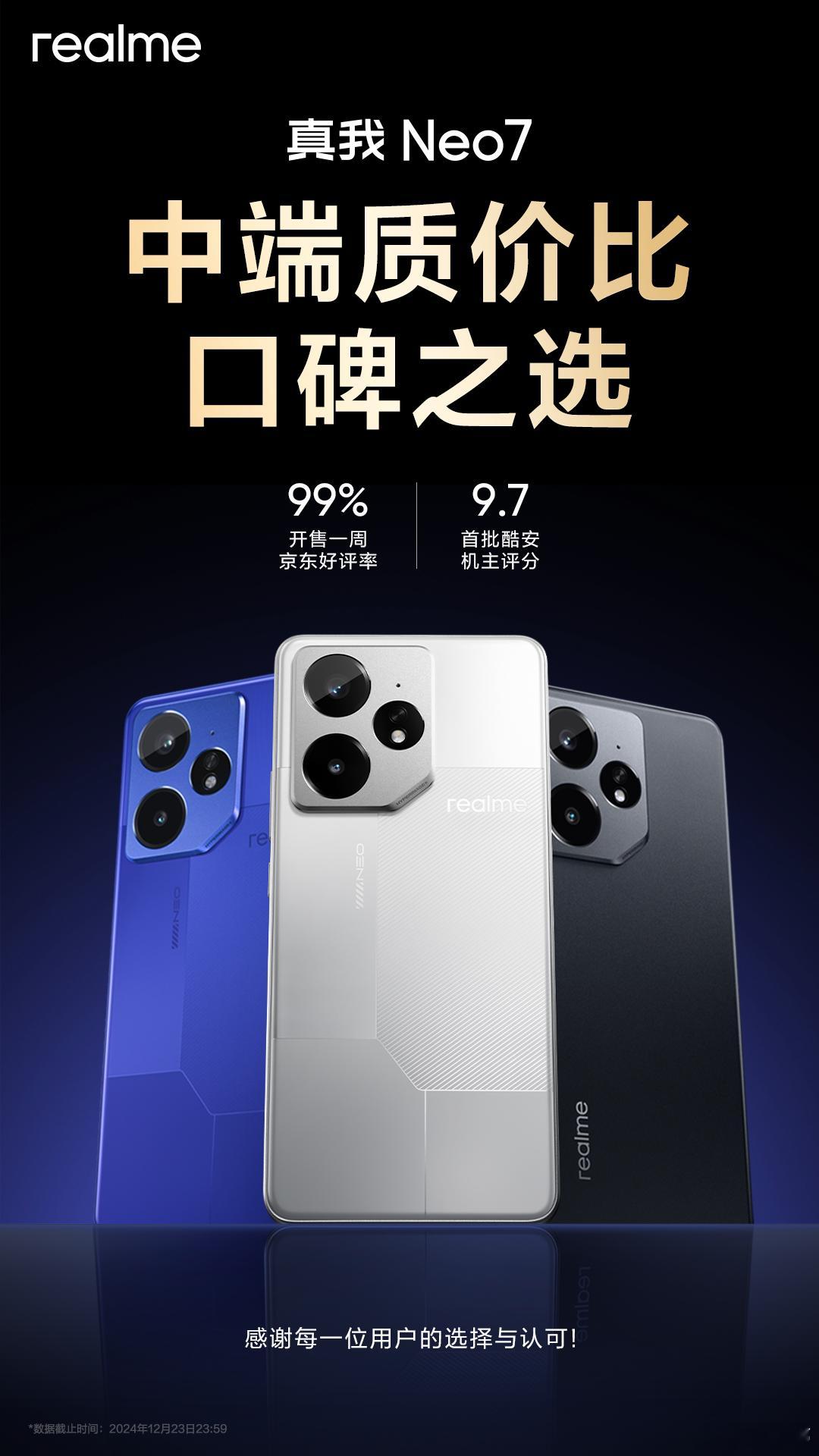 真我Neo7这口碑表现太好了，开售一周狗东好评率高达99%，首批酷安机主评分9.