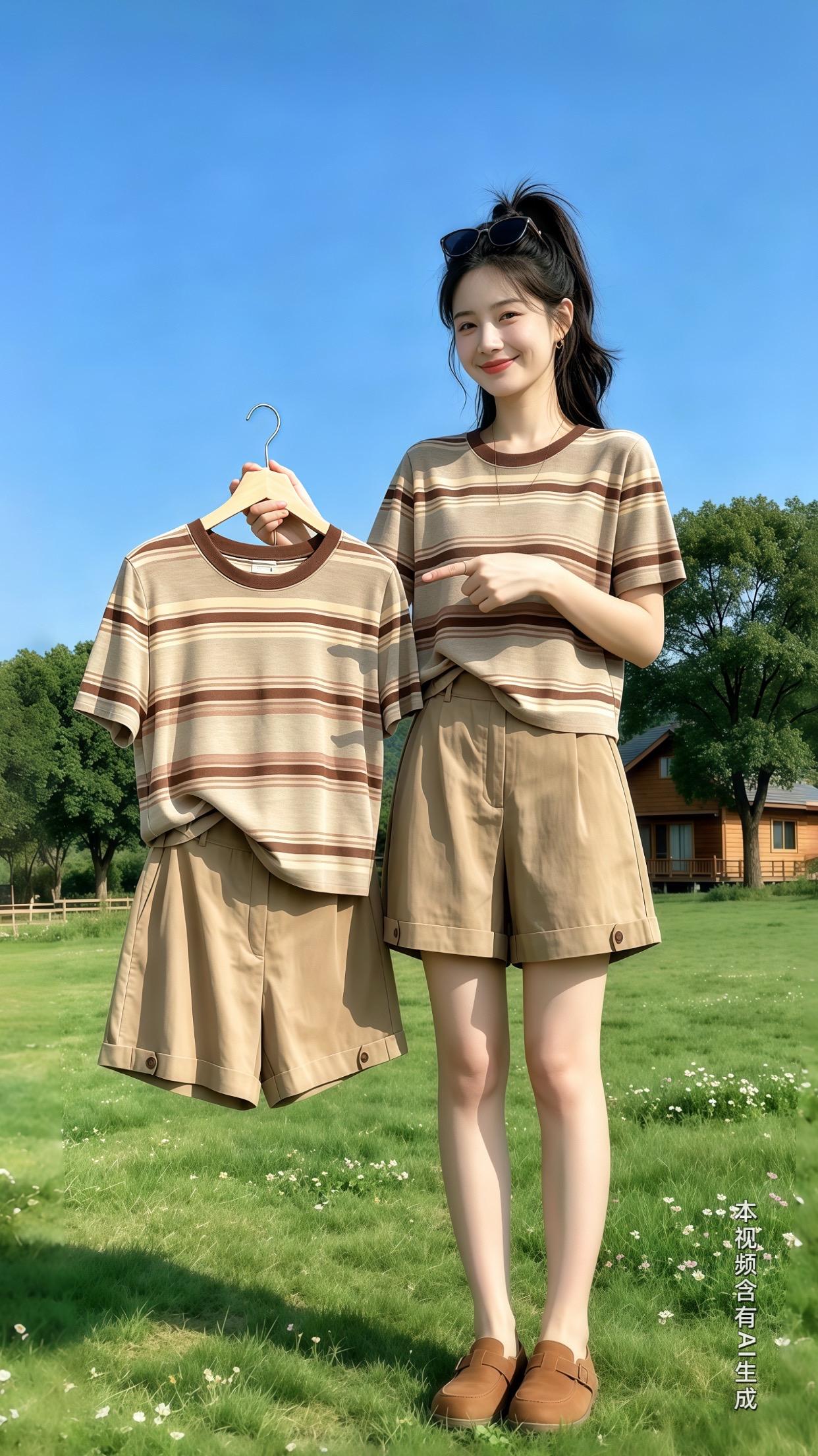 🌿把慵懒松弛感穿在身上的夏日套装。复古咖色条纹T恤+卡其卷边短裤，低...
