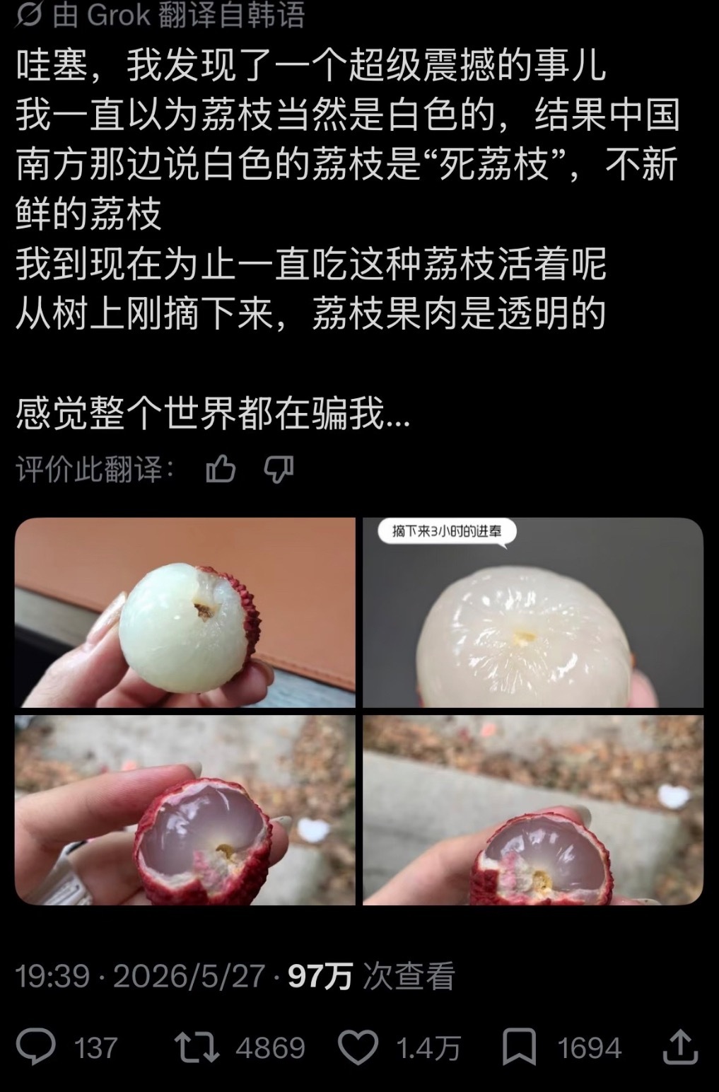 韩国人居然也不知道荔枝果肉是透明的？ 