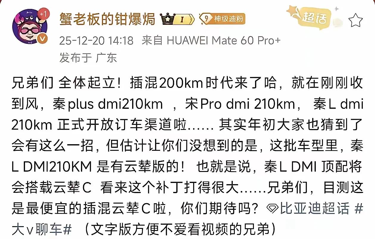 2026年插混进入轿车200公里SUV300公里，那些油车还怎么玩啊！
比亚迪懵