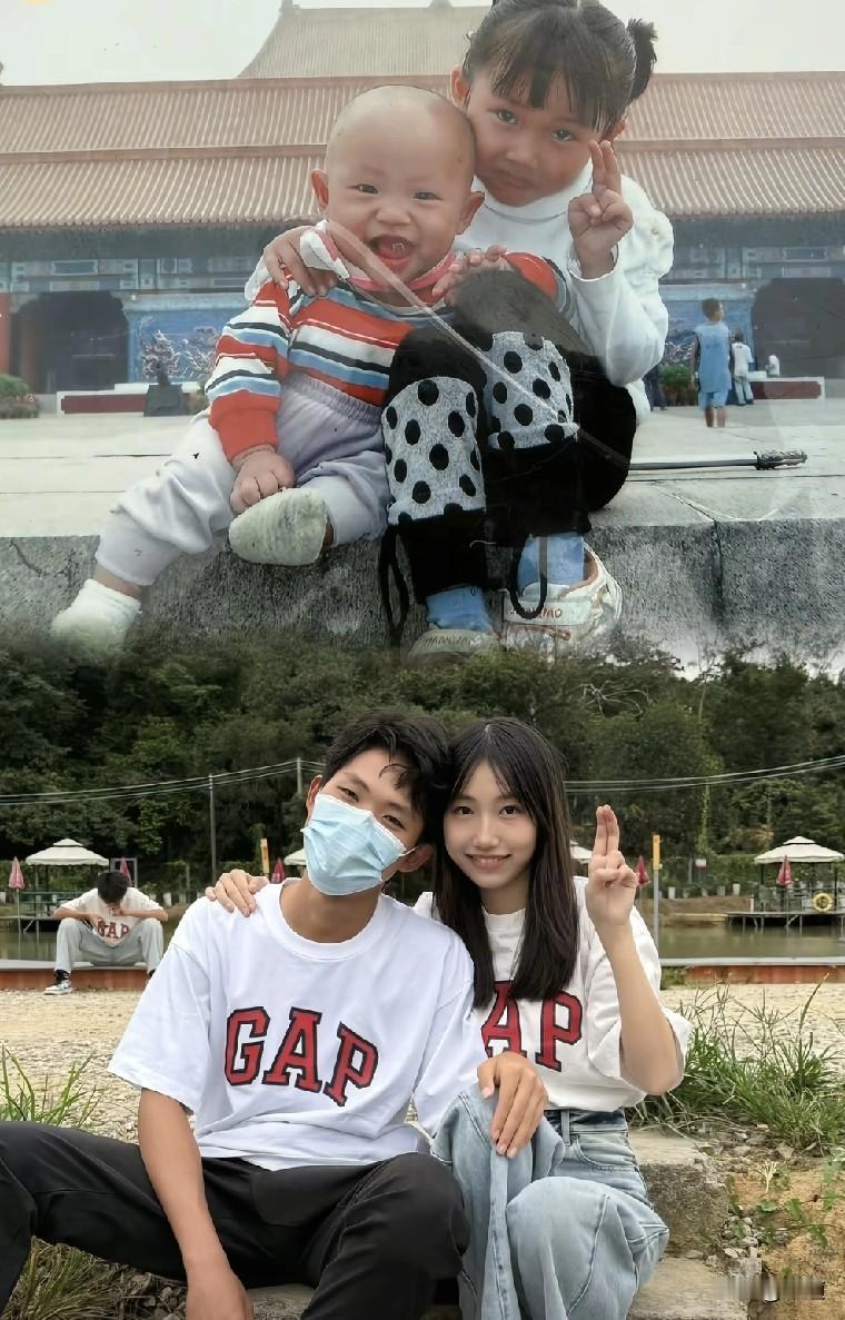 叶锐聪姐姐发了一张图片，这张图片是18年前与弟弟的合影与18年后与弟弟的合影的合
