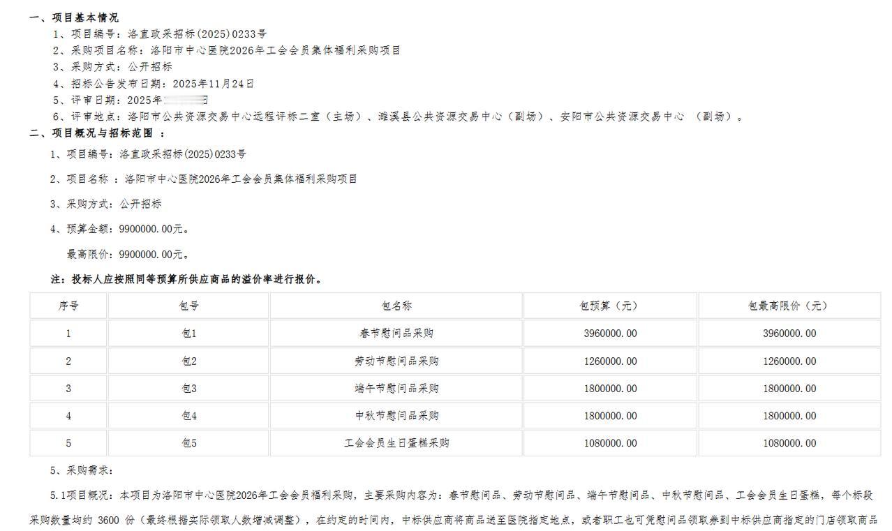 洛阳市中心医院2026年工会会员集体福利采购项目-中标结果公告，金额990万元，