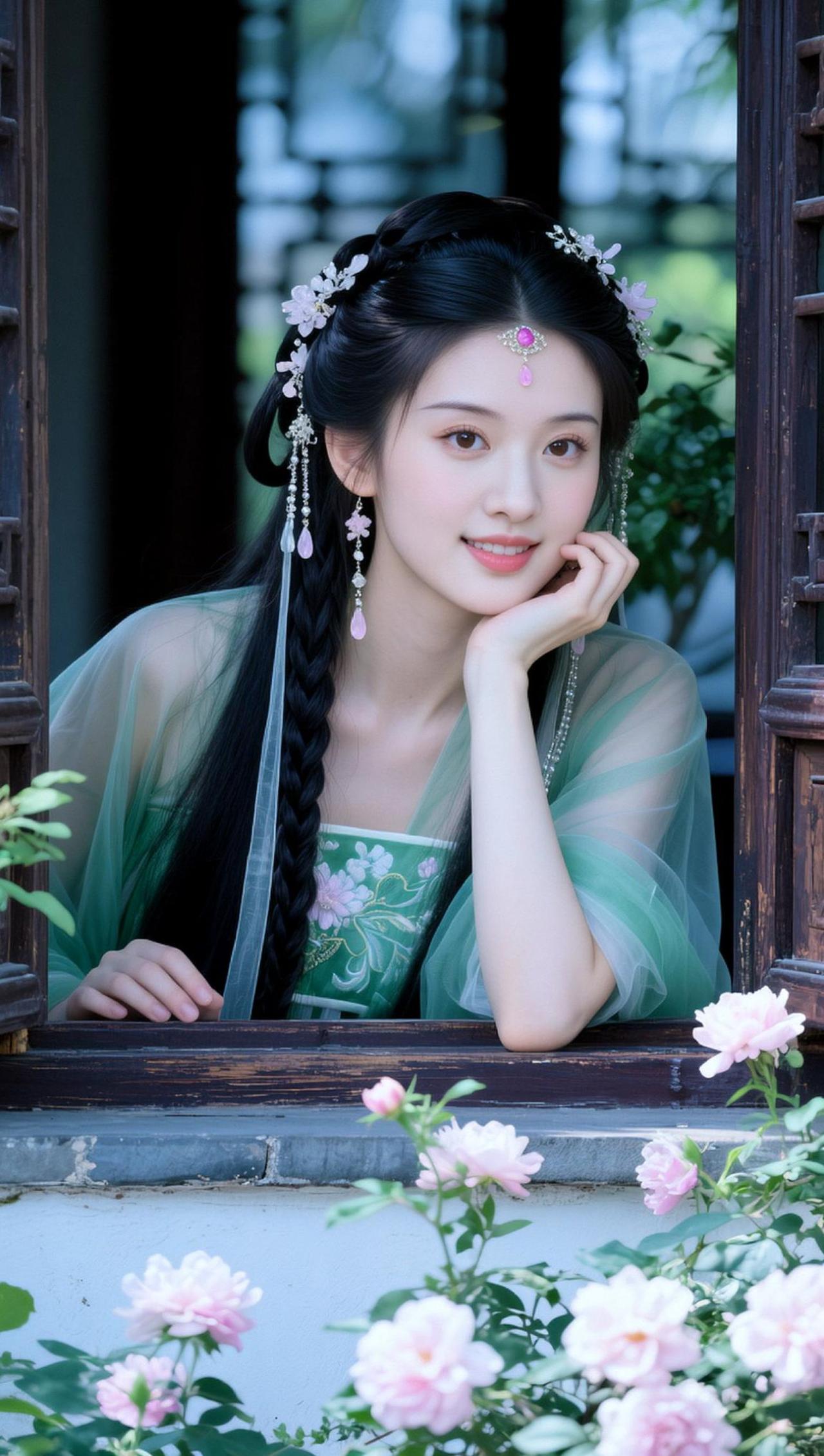 AI绿衫倚窗照 随变ai随便玩