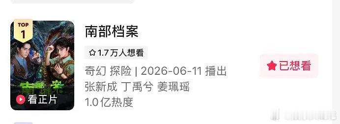 丁禹兮张新成的南部档案算播的怎么样？《南部档案》开播20小时内🫘热度登顶破亿，