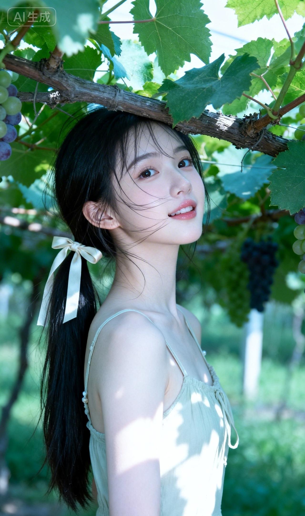 夏日葡萄园里的甜美少女，阳光洒落，笑靥如花。美女的美丽体现在何处呢？ 分享一张最