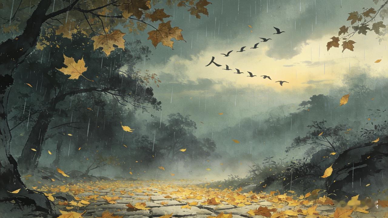 上联「秋雨无心敲落叶」，落笔清冷又温柔。秋雨本无意，却轻轻叩响枝头残叶，道尽自然