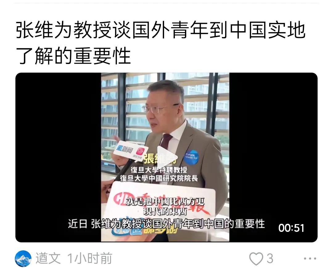 张维为谈国外青年到中国实际了解的可能性，这句话狗屁不通不说，就说论了解，那中国青