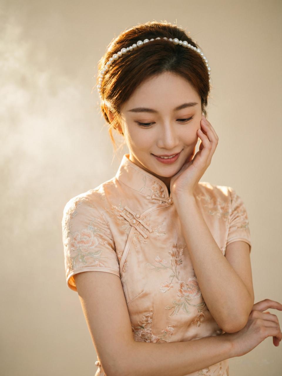 温柔古典的旗袍美人，珍珠发带点缀，散发着优雅的东方韵味。