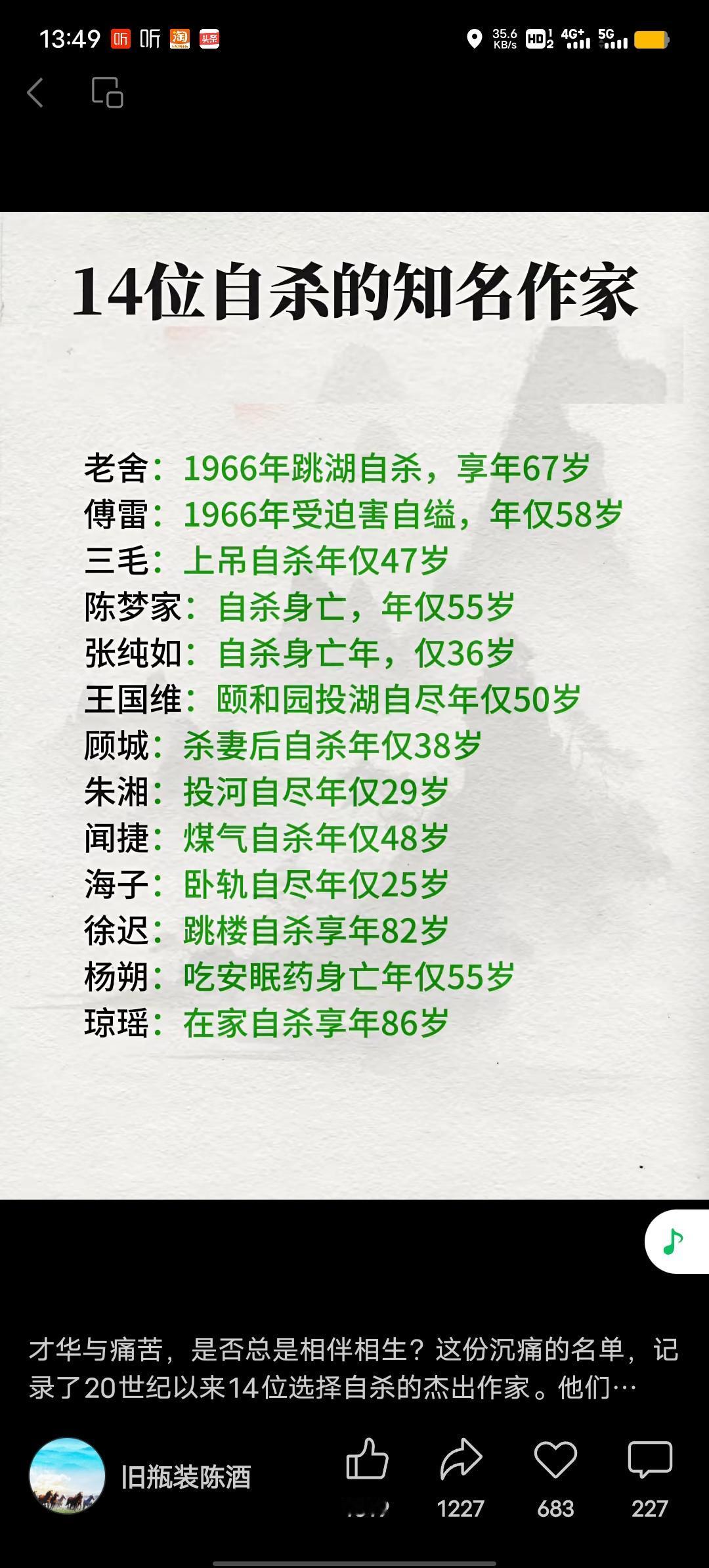 14位自杀的知名作家，他们的故事是才华与痛苦交织的悲歌。就说三毛，这个来自台湾的