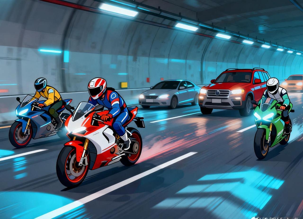 【“飙车党”高架狂飙被严处】飞驰的摩托，呼啸的引擎，隧道内快速变换的照明灯光，行