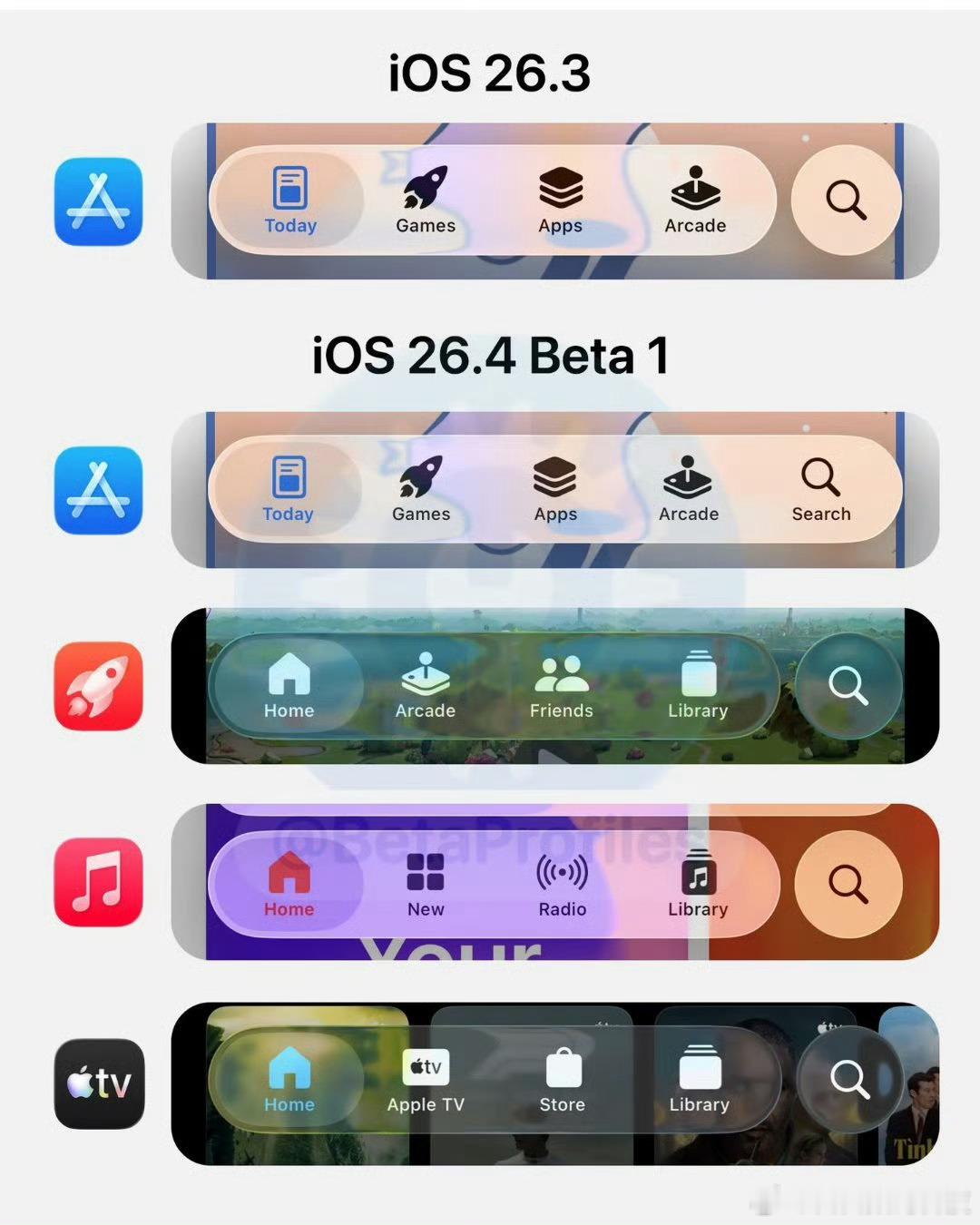 iOS 26.4 beta 1 将 App Store 搜索按钮移到了标签栏中，