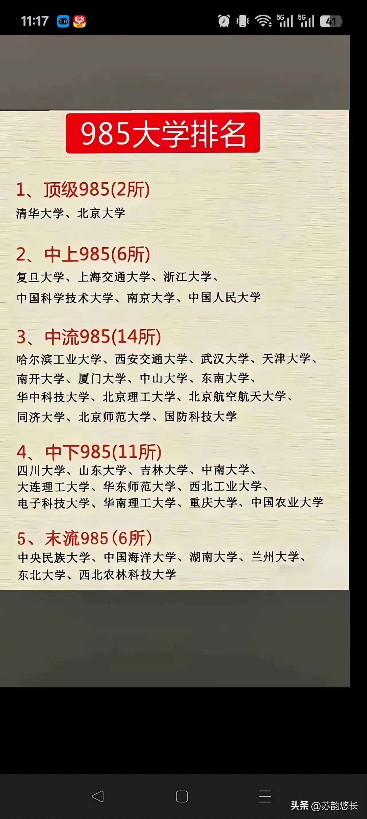 985大学这个排名比较客观！
第一档：清北，不可撼动；
第二档：华五人，自成一派