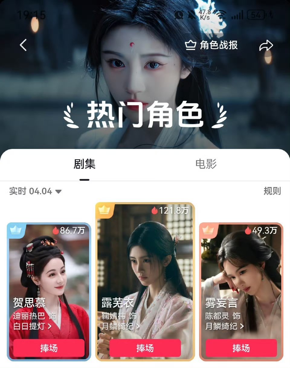 抖🎶热门角色背景图是露芜衣拿下角色热度值top1排面 