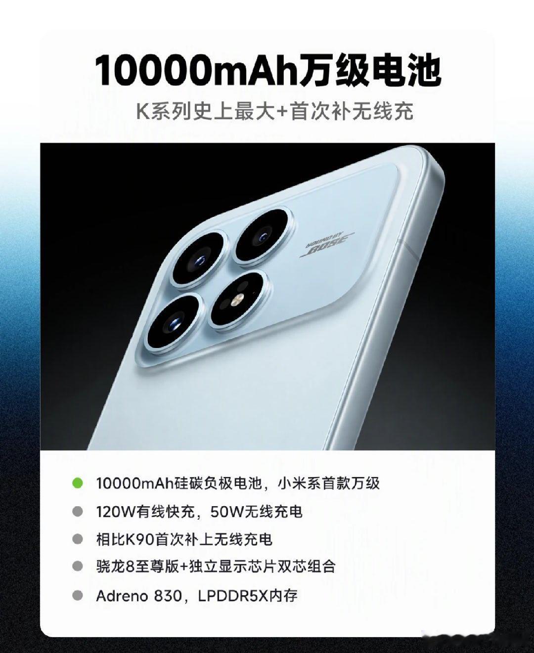 红米K100本月登场冲着双十一来的，价格估计有诚意。主打骁龙双芯＋超大电池＋超高
