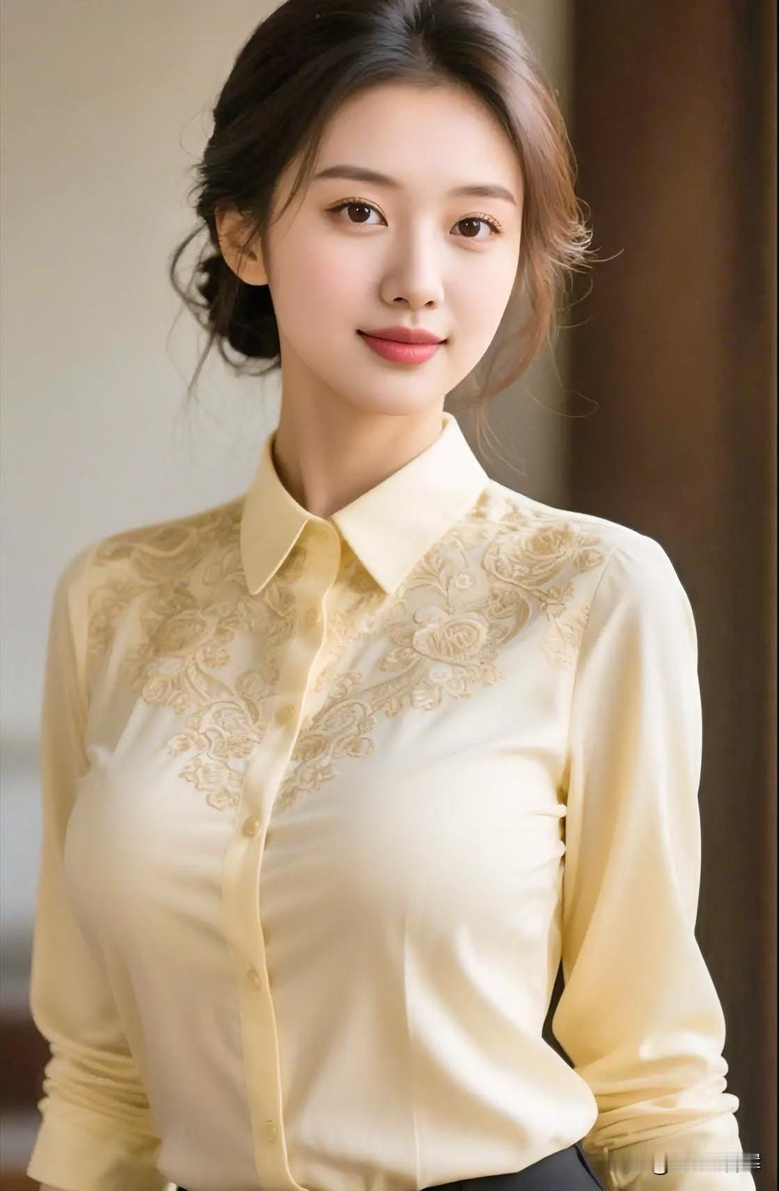 米黄蕾丝衬衫，温婉知性，静美如诗。