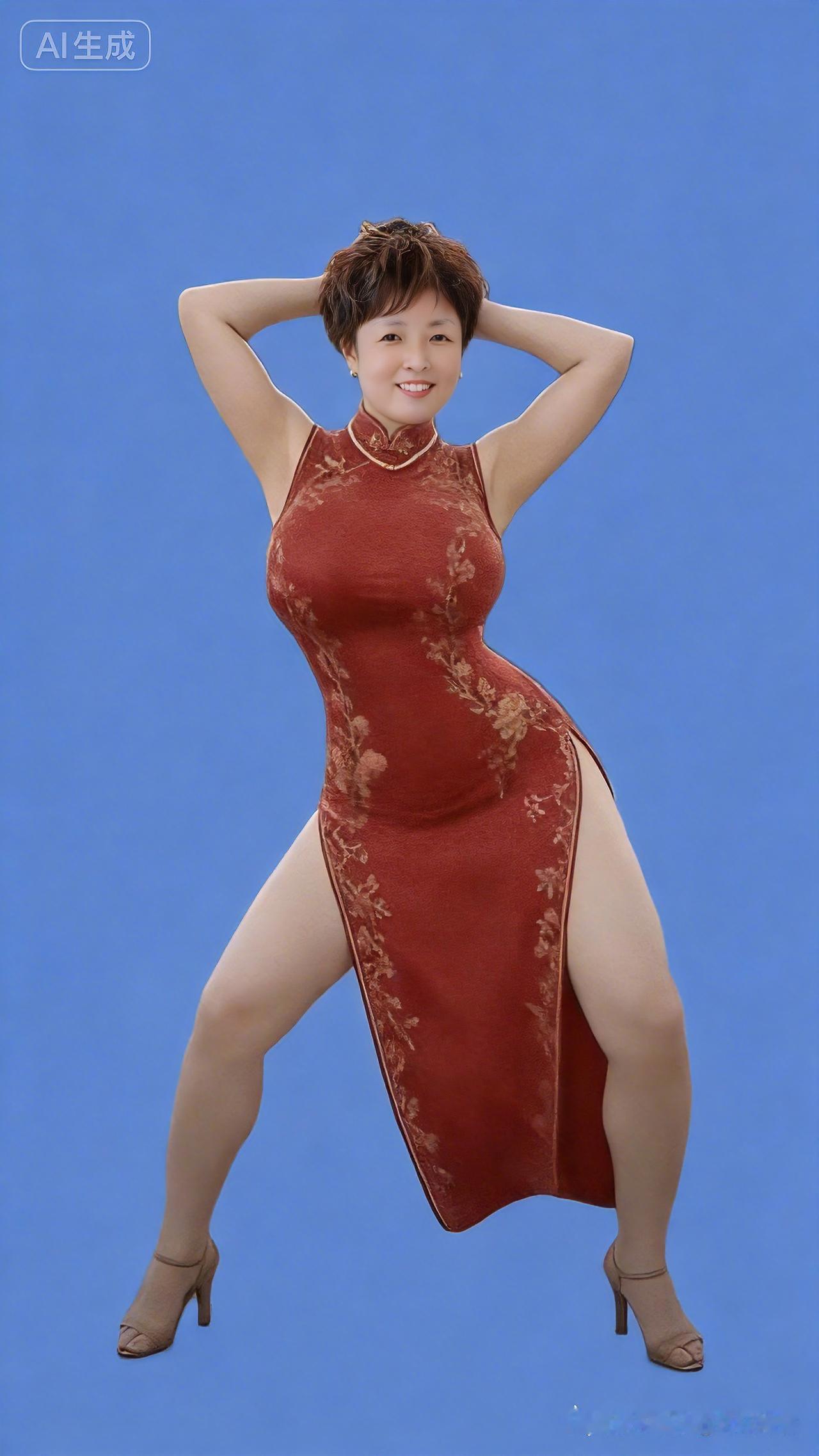 一袭红袍旗袍艳，
身姿舒展体态欢。
短发利落精神爽，
面带笑容气宇宽。
舞步铿锵