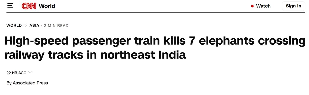 印度火车撞上象群，造成7死1伤
当地时间周六凌晨，印度东北部阿萨姆邦一列高速客运