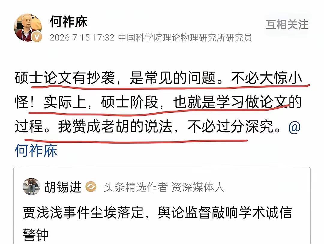 硕士论文抄袭是常见的问题！中国科学院院士何祚庥发声，硕士论文抄袭不是什么大事，没