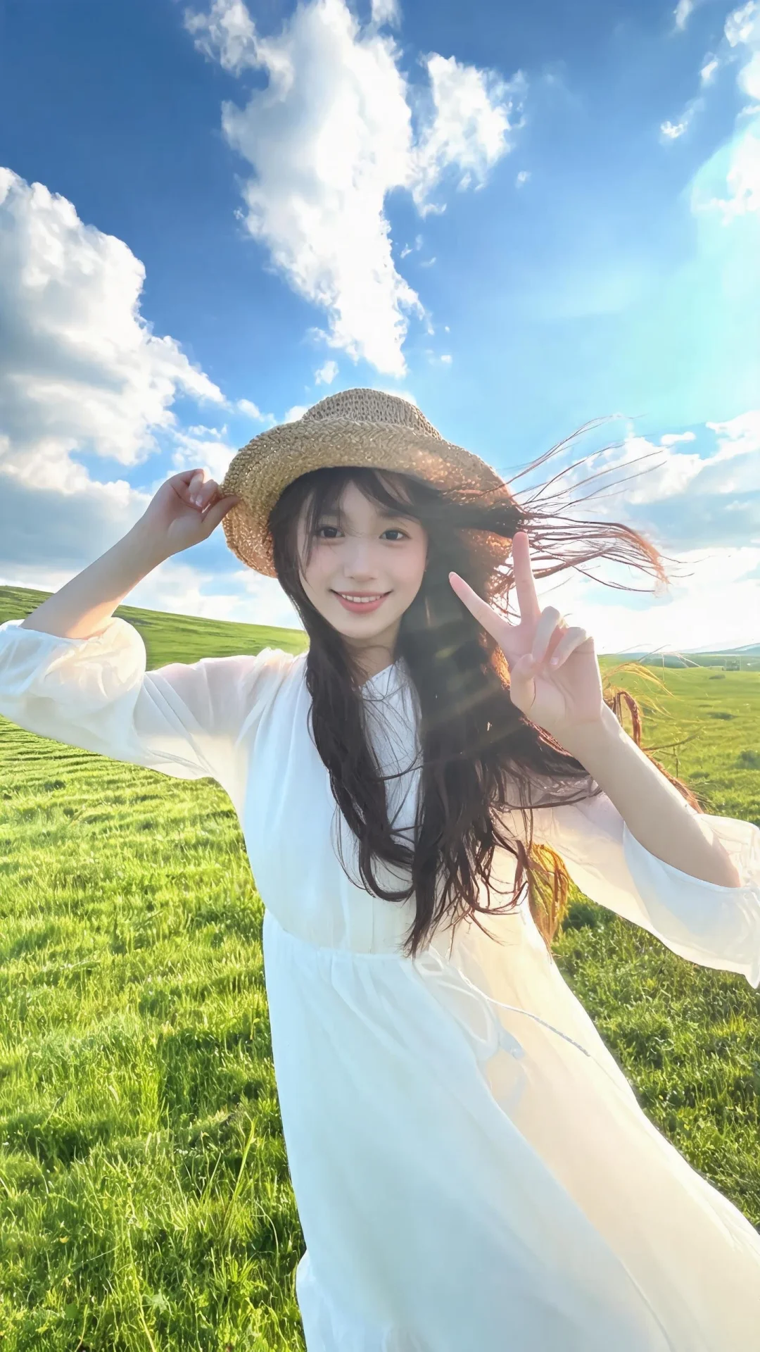 保持人物五官和脸型不变，无面部变形、无五官模糊、无磨皮过度。表情温柔...
