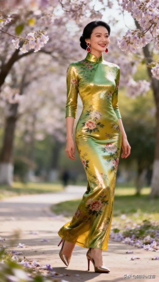 春日，身穿亮眼旗袍的女子，在花树下摆拍。旗袍 旗袍裙 旗袍美人像