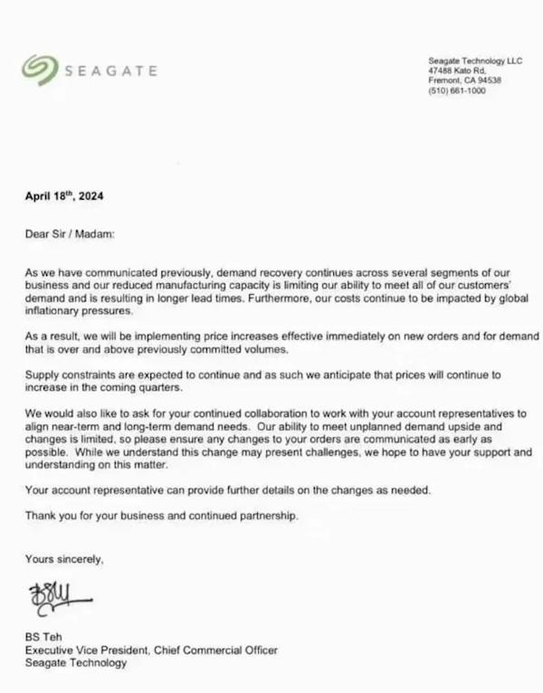 【希捷、西数都已上调存储产品价格】据外媒报道，希捷近日已向客户发函，宣布将对新订