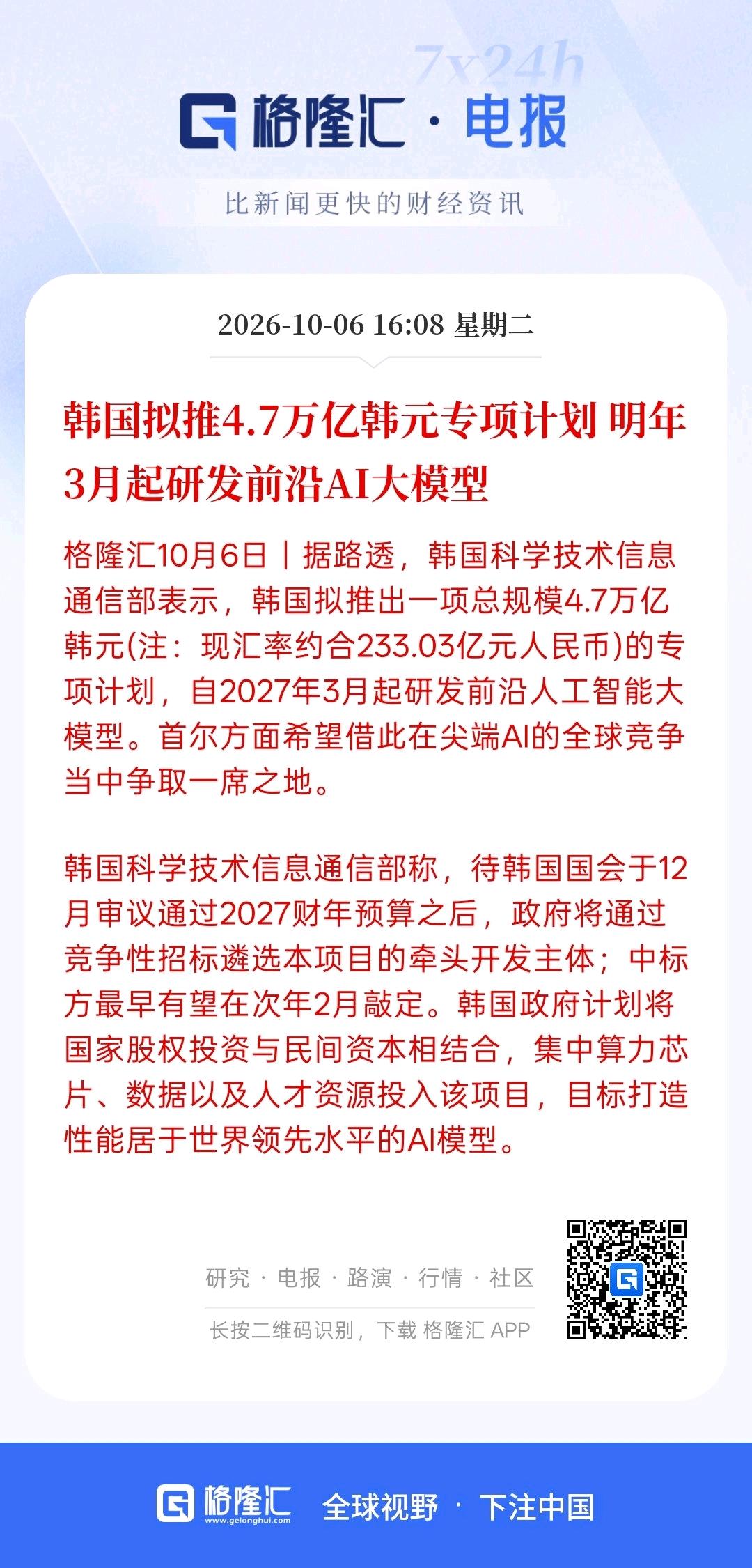 韩国明年要用4.7万亿韩元投资AI，主要是研发前沿的AI大模型，目前，韩国大多数