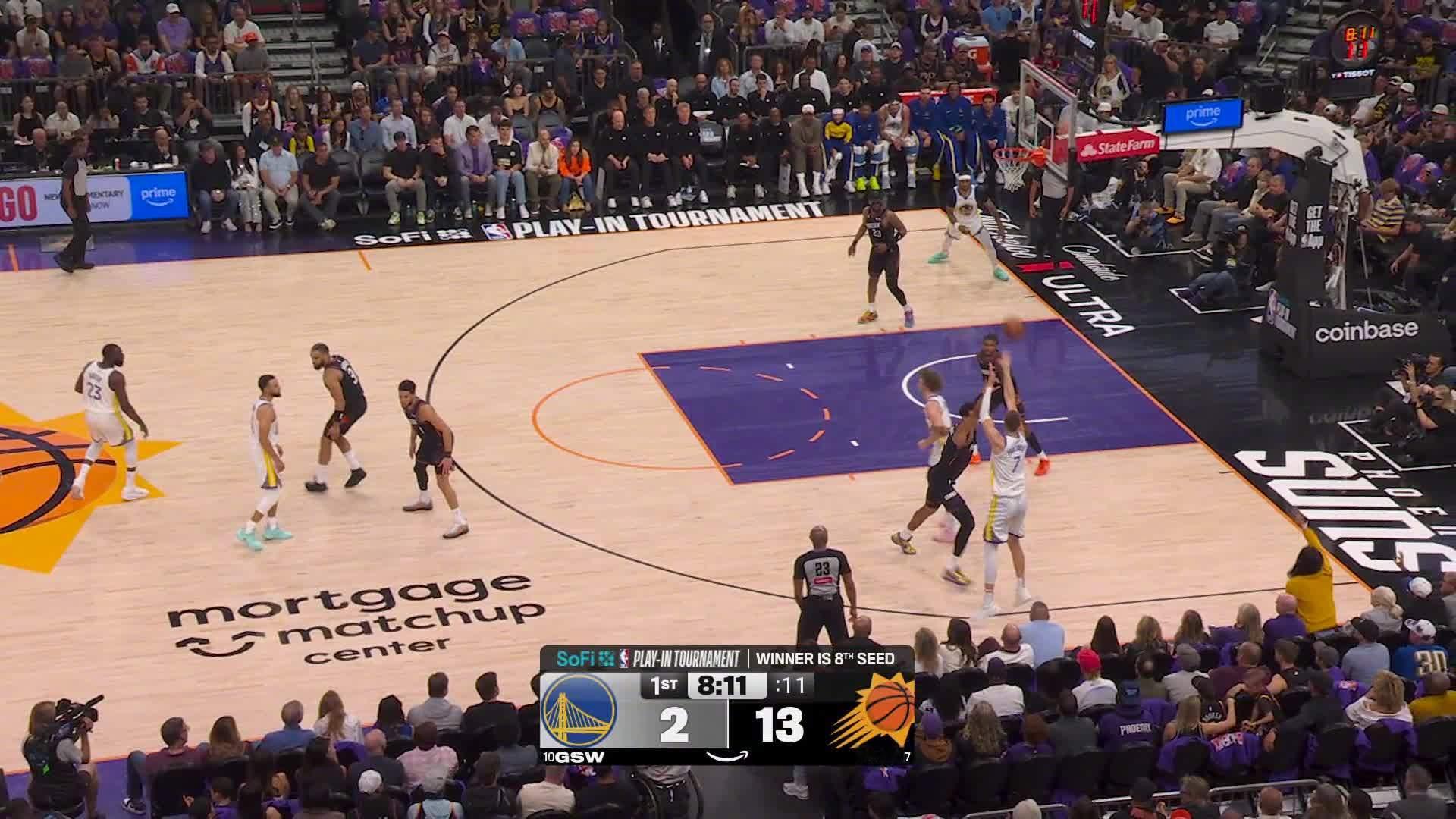 波尔津吉斯侧翼三分👌勇士7:15太阳。勇士vs太阳