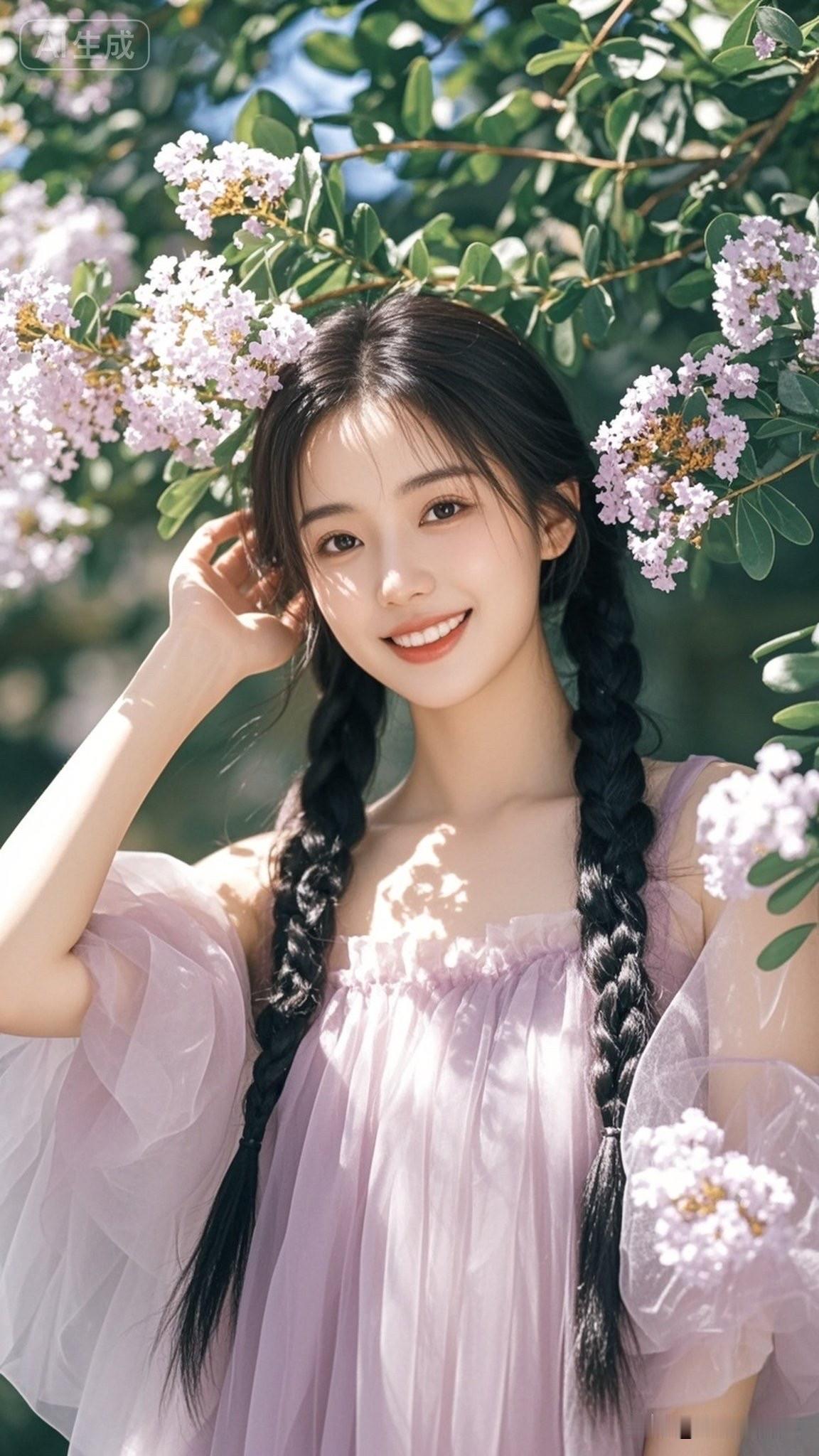 梦幻粉裙少女，倚树微笑，花海中绽放甜美