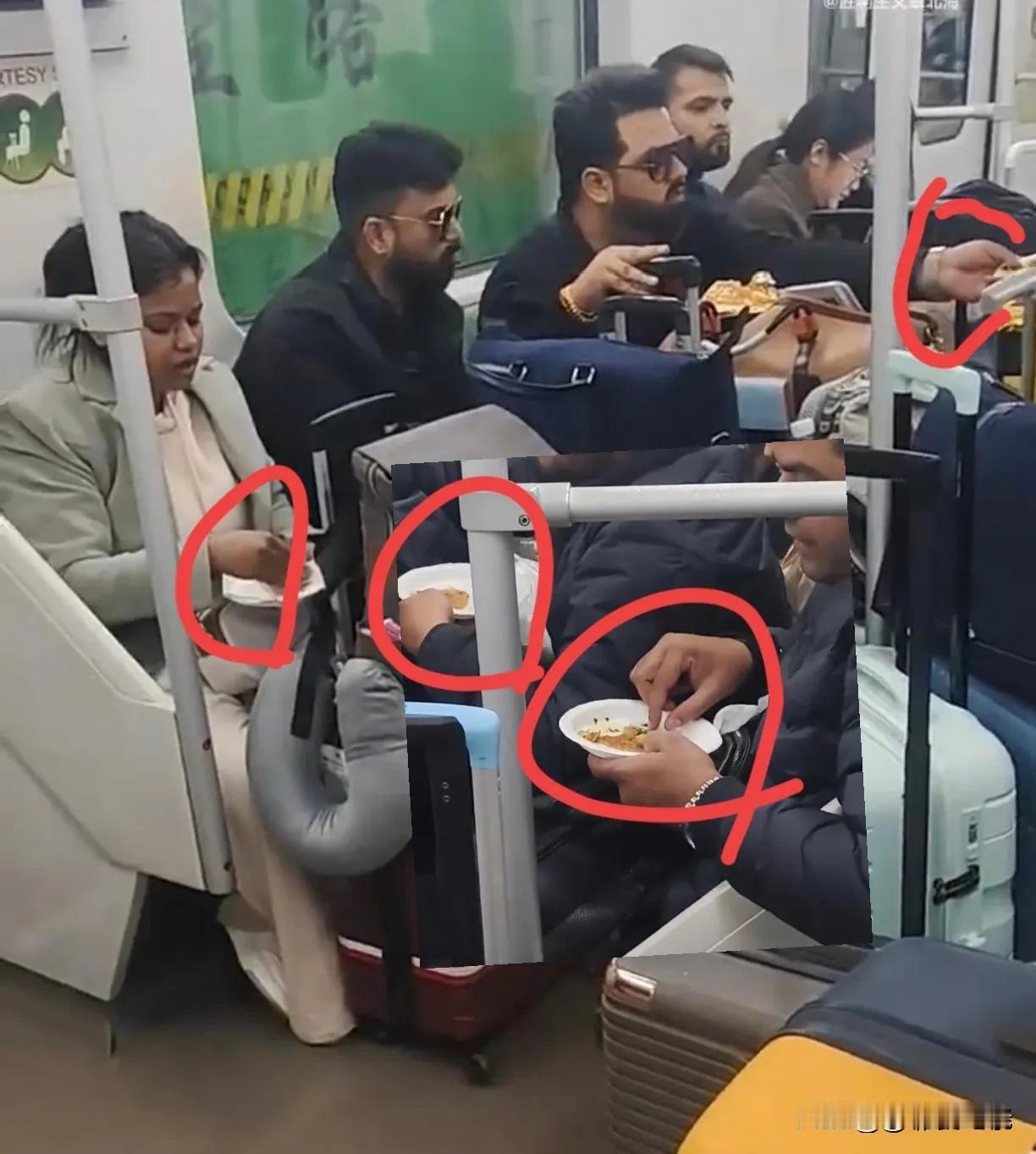 上海，满车厢“咖喱味”！
一群外籍乘客，人手一个行李箱，坐在地铁车厢内的座位上，