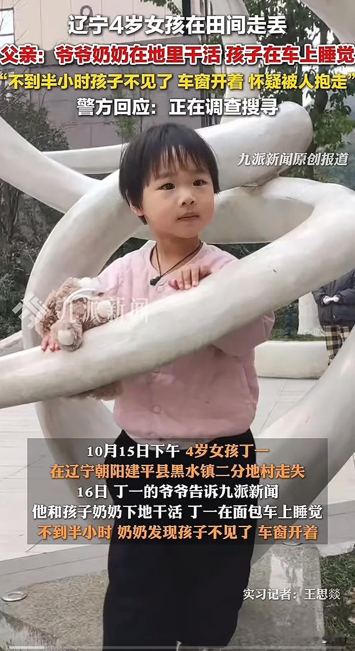 辽宁朝阳4岁女童小壹，15日下午在爷爷奶奶干活的地头失踪了。当时她在面包车里睡觉