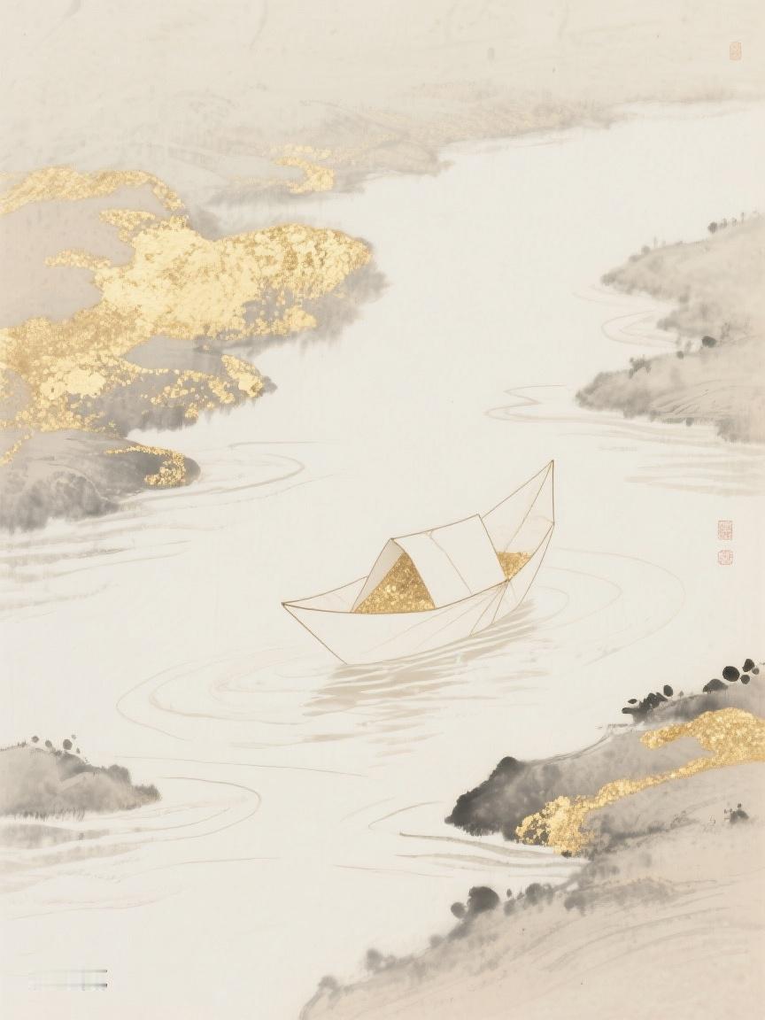 AI妙生图在水墨画卷中，孤舟摇曳于金韵之水，于沉浮间，悟人生静谧与辽阔。