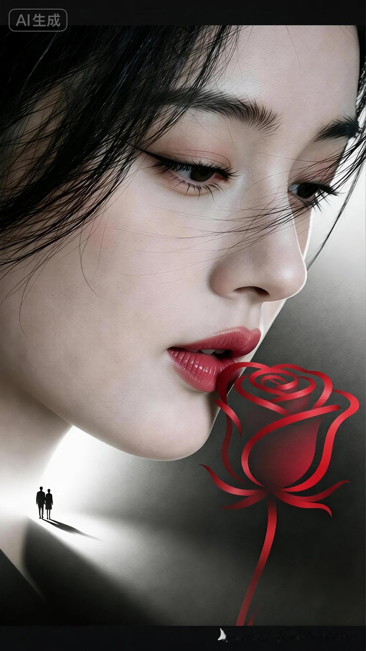 一个女人在吹红玫瑰花瓣。