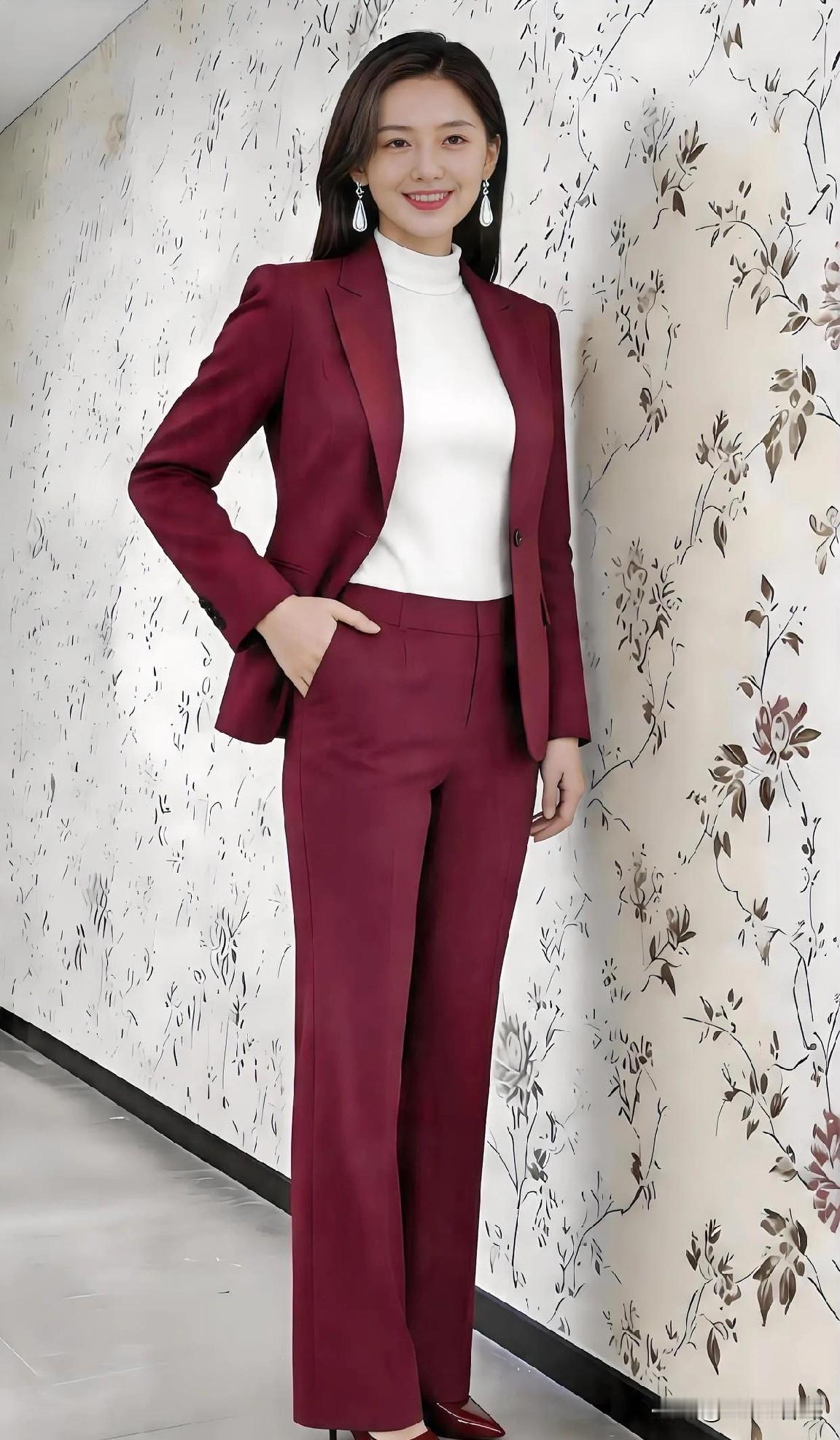 酒红西装，裁出干练的韵；

白衫内搭，晕开纯净的温。

阔腿裤舒展，步履带风；