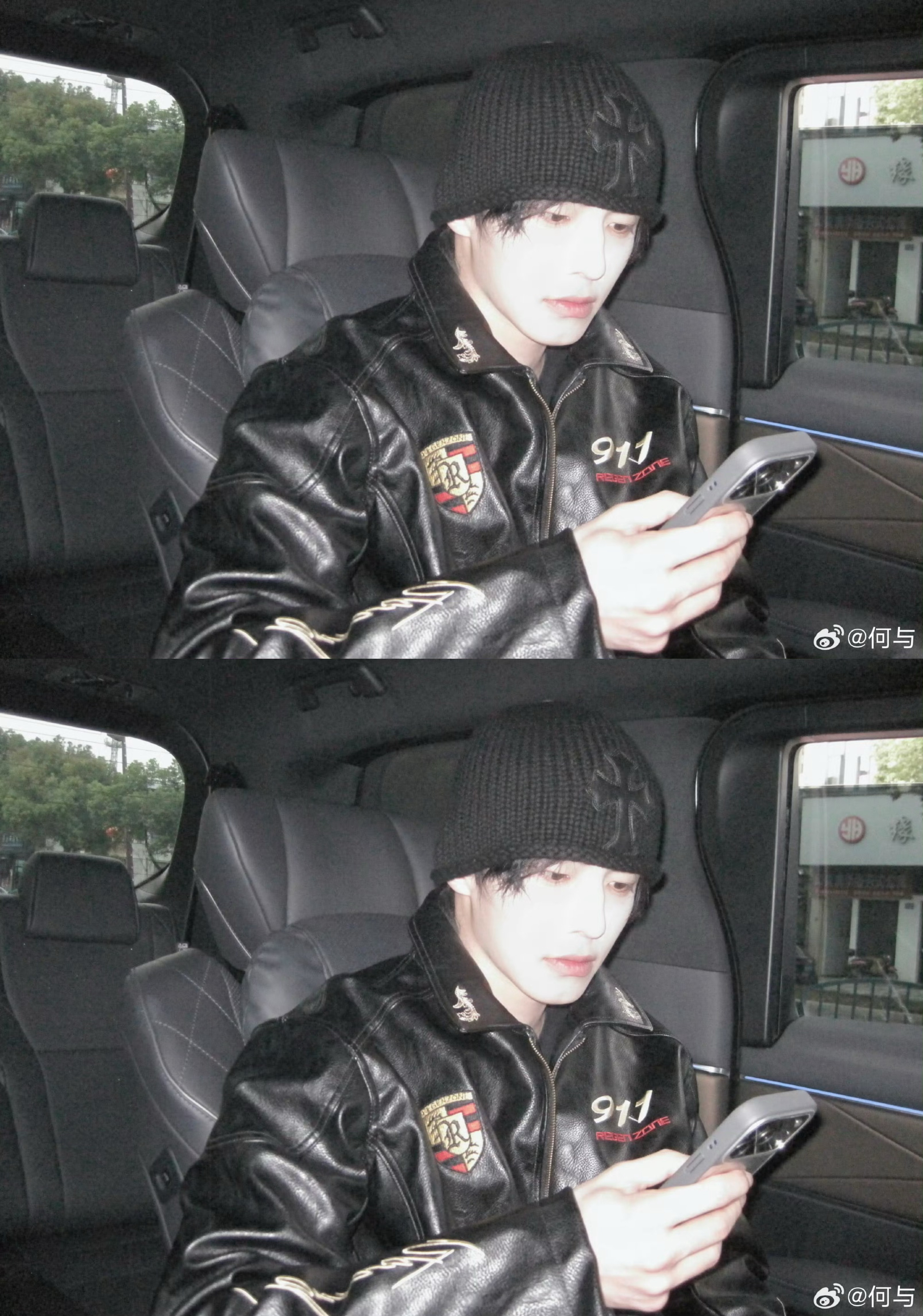 何与车内随拍何与二月最后一天营业，冷帽+黑皮衣look好酷炫