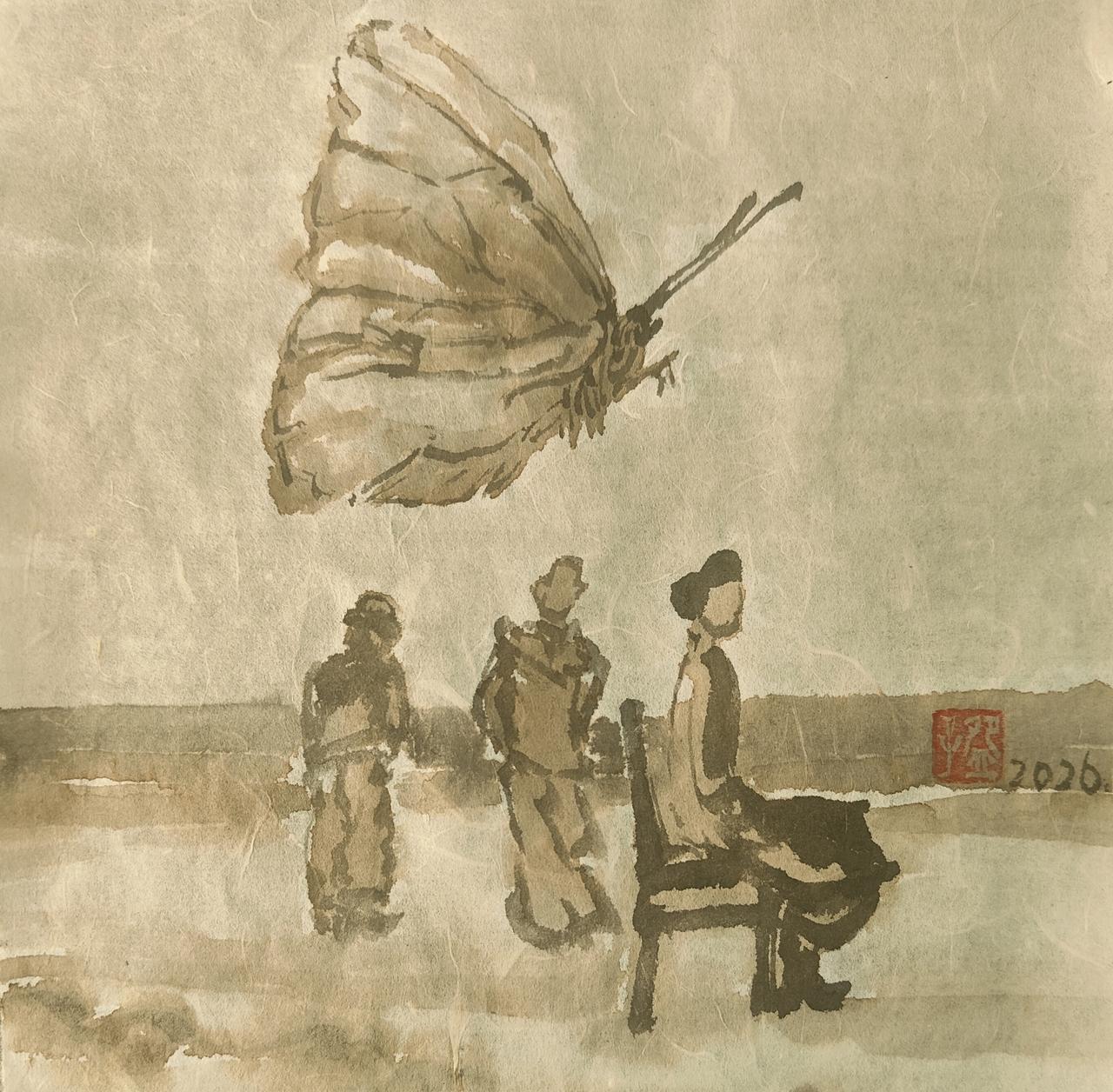 碗子的纸片水墨《梦蝶》
不知周之梦为蝴蝶与，蝴蝶之梦为周与。